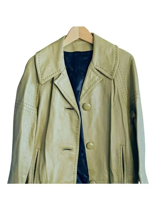 70s Light Yellow Green Leather Trench Coat Black Satin Lined Bespoke Women's M/L - Picture 5 of 13